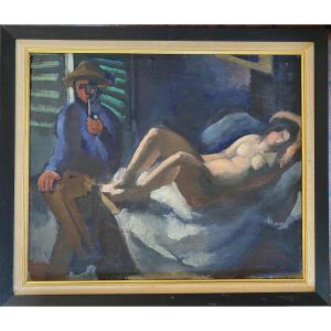 Pauline Peugniez / Jean Hebert-stevens. “ Odalisque”.  Framed Oil On Cardboard. 1931.