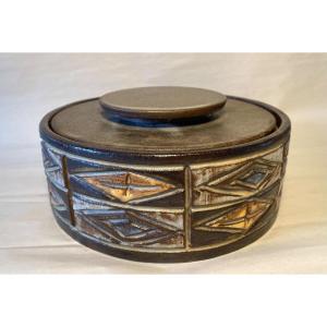 Alexander Kostanda. Enameled Ceramic Box. Incised Geometric Decor. Vallauris 60s