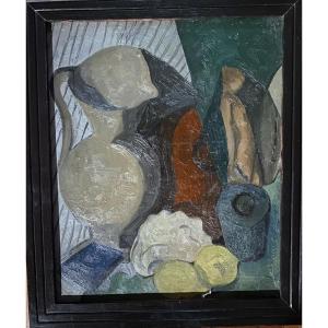 J. Brugada. “post-cubist Still Life”. Framed Oil On Cardboard. 1948