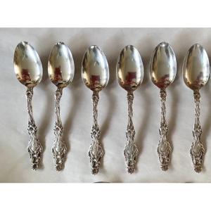 Fm Whiting. Set Of Six Art Nouveau Silver Teaspoons. Floral Decoration.