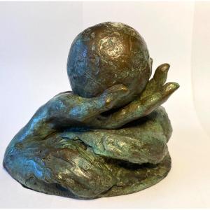 Mara Dominioni. Bronze Sculpture. Paperweight. Hand Holding A Globe. 