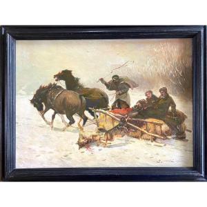 “the Attack Of The Wolves”. Oil On Framed Panel. Central European Or Russian School, Mid-20th Century