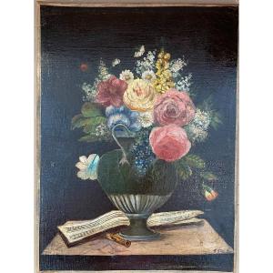 Bouquet Of Flowers And  Music Score. Oil On Canvas. Naïve Art . 19th Century. 