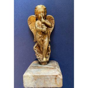 “cherub Musician”. Gilded Bronze On Marble Base, 19th Century.