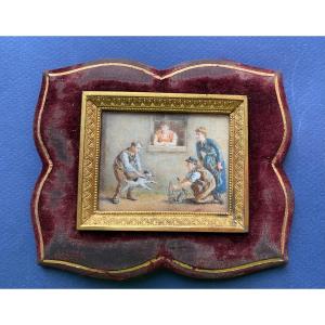 “ The Training Of A Ratter Dog”. 19th Century Framed Miniature.