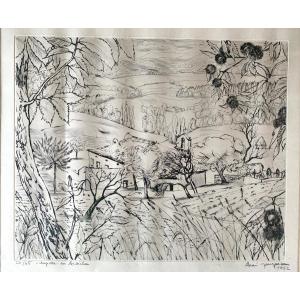 André Jacquemin. "the Chapel In Ardèche". Framed Engraving. 27/65. Mid-20th Century.