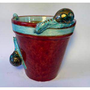 Gaston Bruneau Balon. Blois. Planter With Snails Decoration . Glazed Ceramic. Early 20th .