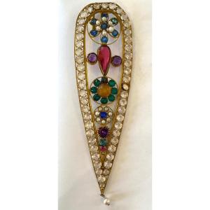 19th  Theater Jewelry. Brass, Rhinestone, And Pearl Pendant.