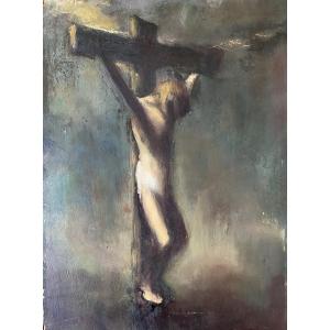 “christ On The Cross”. Oil On Panel, Early 20th Century. 