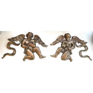 Pair Of Decorative Bronzes. Musician Cherubs. 19th Century Bas-reliefs.