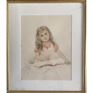 J. Cousin-risler. “portrait Of His Daughter Liliane”. Framed Watercolor. 1924.