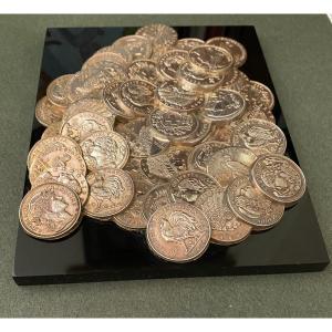 Mid-20th Century Paperweight. Coins On A Black Marble Base. Numismatics