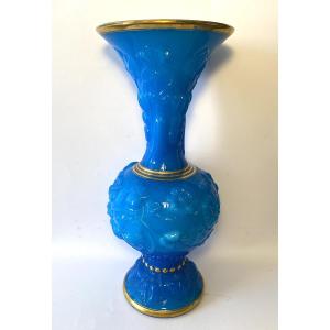 Baccarat. Blue And White Opaline Vase. Molded Floral Decoration And Gold Highlights. France, 19th Century.
