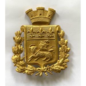 Coat Of Arms Of The City Of Rouen. Normandy. Gilded Pewter Plaque. 19th Century.