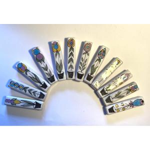 Set Of Twelve Ceramic Knife Holders. Vallauris, 1960s. Painted Decoration With Potted Plants.