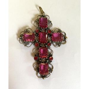 19th Century Pendant. Folk Silver-plated Cross With Pink Glass Rhinestones. Jewel 