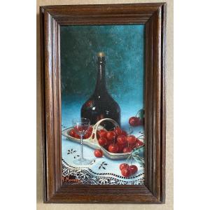 Anne Mourre. “ Still Life With Cherries”. Framed Oil On Canvas, Early 20th Century.
