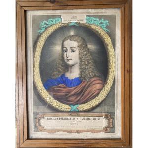 “ Precious Portrait Of Jesus Christ At The Age Of 12”. 19th  Engraving. Gouache Highlights