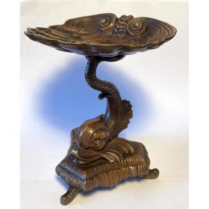 Ring Holder. 19th Bronze Pocket Emptier With Brown Patina. Marine Decor. Dolphin And Shell. 