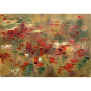 “the Poppy Field.”  Framed Oil On Canvas, 20th Century. Patrick Waravka. 