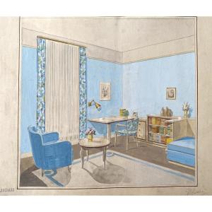 Set Of Five Interior Design Projects. Gouache. Th. Guillou-blanchard. Early 20th .