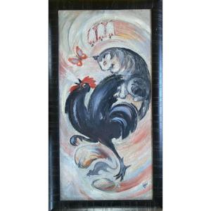 “ The Rooster, The Cat And The Mouse”. Framed Oil On Panel. Early 20th Century. School