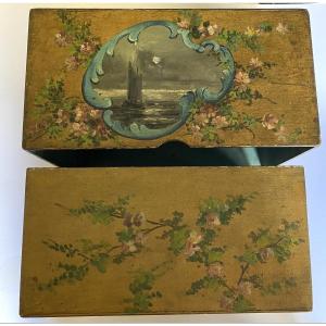 19th Wooden Box Painted. Oil On Canvas Decorations Of Landscapes And Flowers.