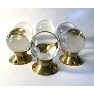 Set Of Six Glass And Brass Handles For Doors Or Drawers. France, Early 20th Century. 