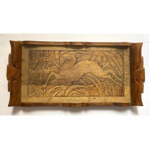 Art Deco Tray. Carved Wooden Bas-relief. Gazelle Leaping Through The Foliage. 