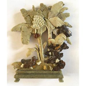 High Relief In Carved  Stone. Rooster, Hen And Chicks Under Banana Trees. Asia, Mid-20th.