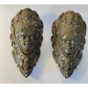 Pair Of 19th Bronze Billiard Corners With Brown Patina. Nubians, Elephants And Parrots. 