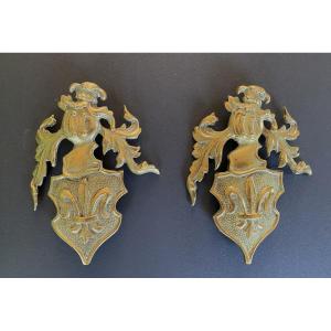 19th Century Ornamental Bronzes. Coat Of Arms, Variegated Helmet And Fleur-de-lis.