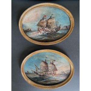 Canton School, 19th Century. Pair Of Seascapes. Oil On Framed Oval Panel. Chinese Junks 