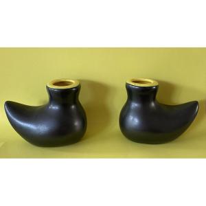 Pair Of Black And Yellow Glazed Ceramic Candlesticks. France, Mid-20th Century. 