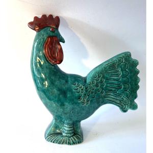 Green Glazed Ceramic Rooster. France, 1950s. 