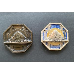 G. Gaucher. “the Head Of St. John The Baptist.” Two Medallions From The Early 20th Century. Bronze And Ceramic.
