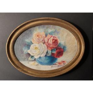 Madeleine Renaud. “bouquet Of Roses”. Framed Watercolor. Early 20th Century.