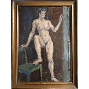 “ The Model In The Studio.” Female Nude. Oil On Canvas Mounted On Cardboard. Mid-20th Century. 