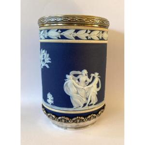 Wedgwood England. 19th Century Portland Blue Jasperware Ceramic Vase. Silver Mount. 