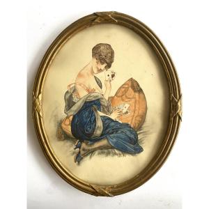 “the Fortune Teller”. Framed Art Deco Gouache On Paper.1921.