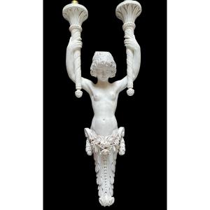 Large Carved Wooden Wall Light. Female Nude, Acanthus And Flowers. Early 20th Century. 
