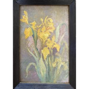 “yellow Irises”. Framed Oil On Cardboard, Early 20th Century. 