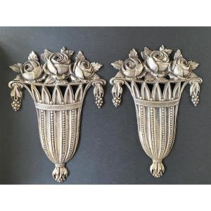 Pair Of Art Deco Ornamental Bronzes. Stylized Flower Baskets. Silvered Bronze. 1920s