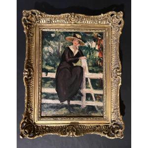 “. Young Woman In The Garden”. Framed Oil On Canvas. French School, Early 20th Century.