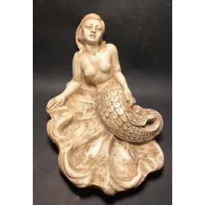Mermaid Lying On A Shell. Patinated White Terracotta, Mid-20th Century. 