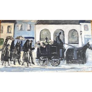 “funeral With Horse-drawn Hearse”. Oil On Cardboard. French School, Early 20th Century.