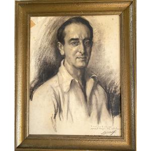 Lucien Jonas. Portrait Of Armand Mossé. 1931. Charcoal On Paper, Framed. 