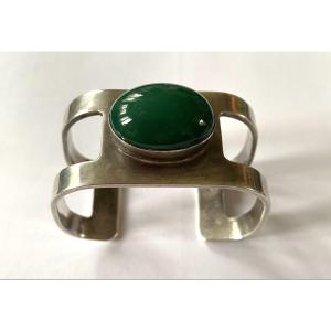 Modernist Cuff Bracelet. Silver-plated Metal And Glass Paste Cabochon. France, 1970s.