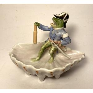 Early 20th  Porcelain Dish. Frog In An Admiral's Costume In A Seashell.