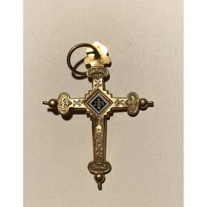 19th Jeannette Cross In Gilt Metal And Enamels. Goldsmith Savard. Regional Norman Jewelry. 